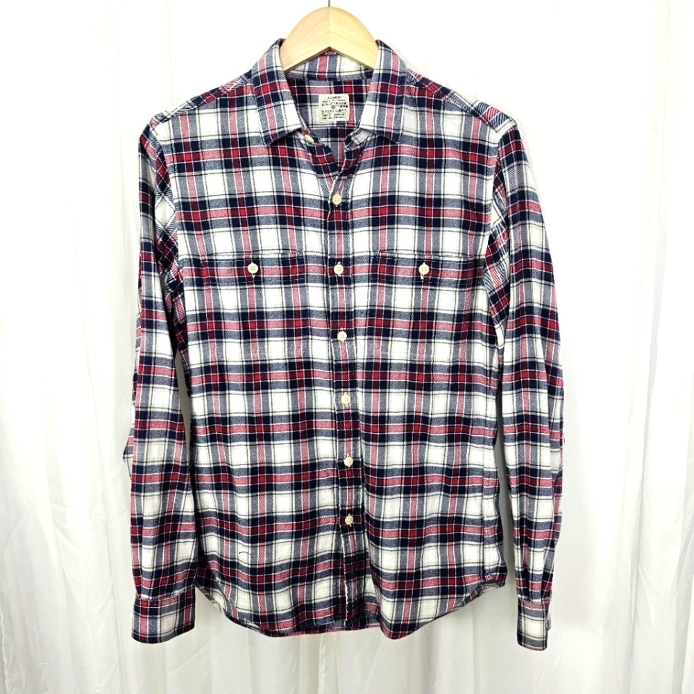 J. Crew Slim Fit Flannel button-down navy blue red white plaid 100% cotton Small